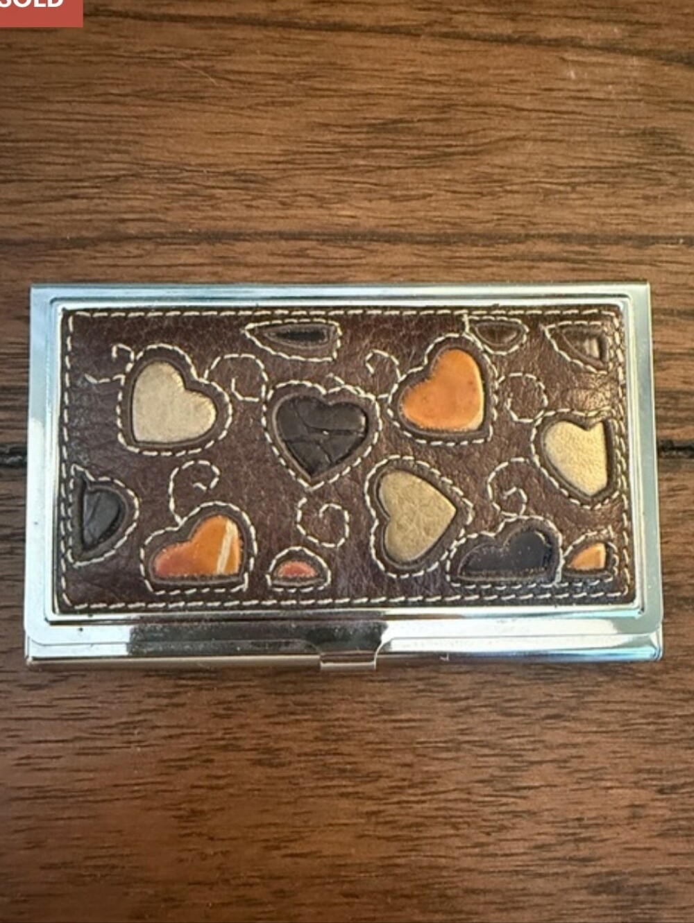 Vintage Brighton Leather Heart Accent Card Case. Color Brown & Multi. Like New.